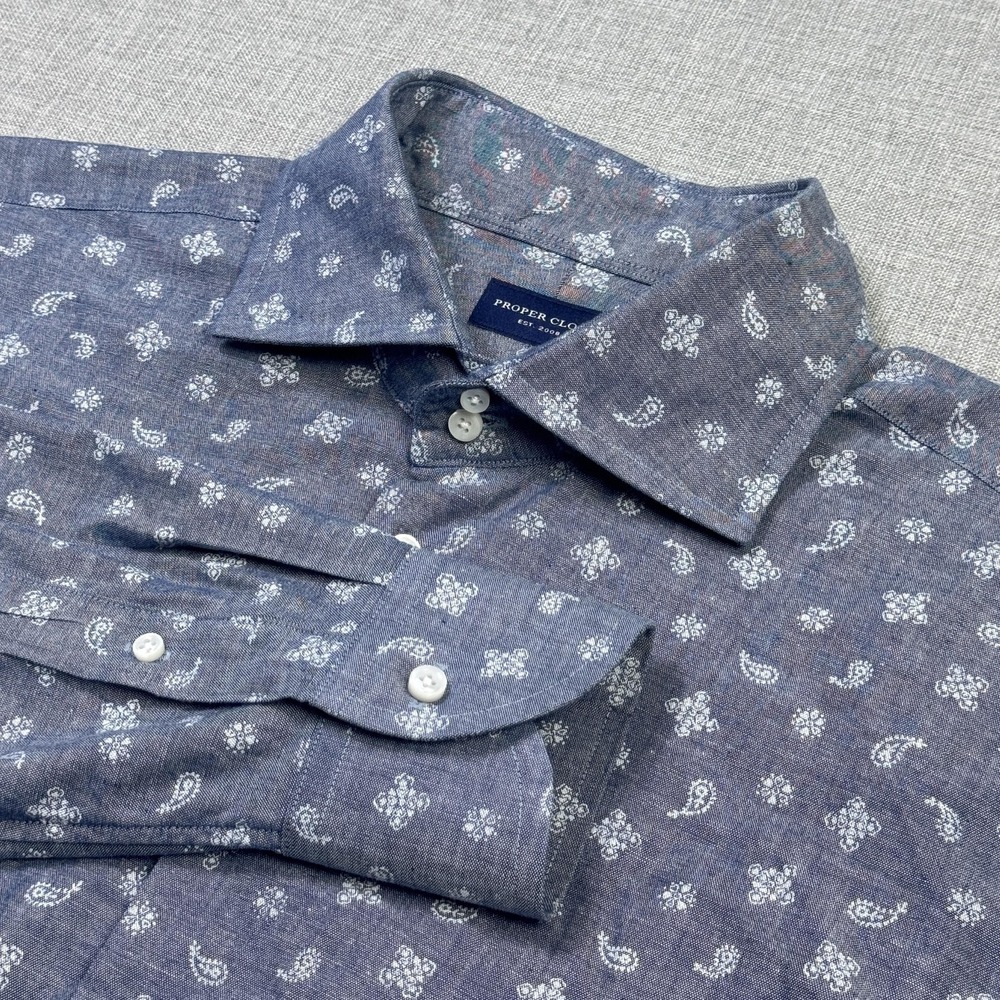 Proper Cloth Paisley Button-Up Dress Shirt Men 17.5 36.3 Blue Long Sleeve Cotton